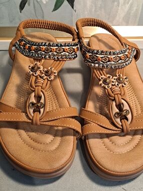 Littleplum Tan Embellished Bohemian Strappy Flat Comfortable Summer Sandals